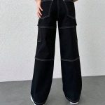 Top Stitching Black Women Cargo Pants - Image 2