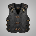 Men's Leather Vest Biker Jacket with Buckles, Double Leather