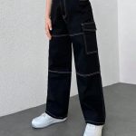 Top Stitching Black Women Cargo Pants