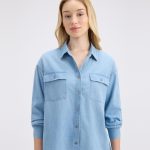 Women Blue Double Flap Pocket Full Sleeve Oversized Denim Shirt