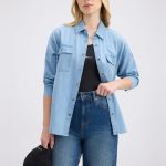 Women Blue Double Flap Pocket Full Sleeve Oversized Denim Shirt - Image 2